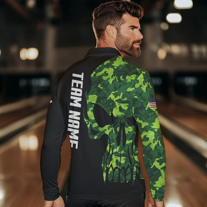 Skull Green Camouflage American Flag Mens Bowling Shirts Custom Patriotic Bowling Team Jerseys For Men NQS9641