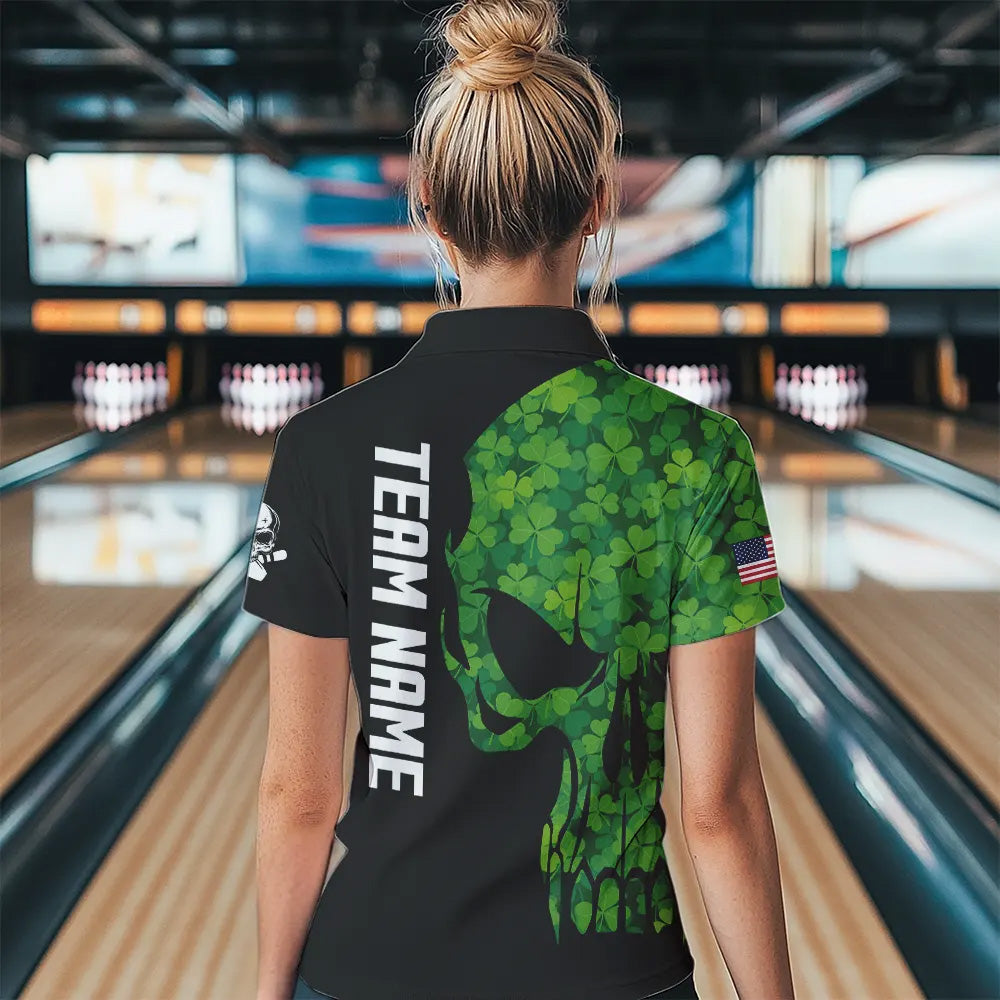Skull Green Clover pattern American Flag Women Bowling Shirt Custom St Patrick Day Bowling Team Jersey NQS9643