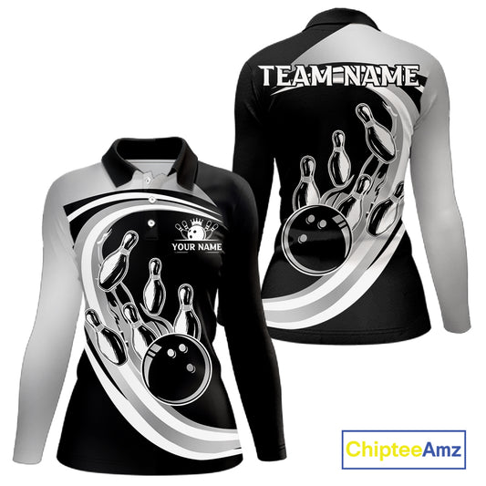 Black and Silver Bowling Shirts For Women Custom Bowling Team League Jerseys, Gift For Bowler NQS11416