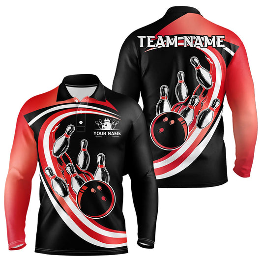 Black and Red Bowling Polo, 1/4 Zip Shirt For Men Custom Bowling Team League Jersey, Gift For Bowler NQS9490