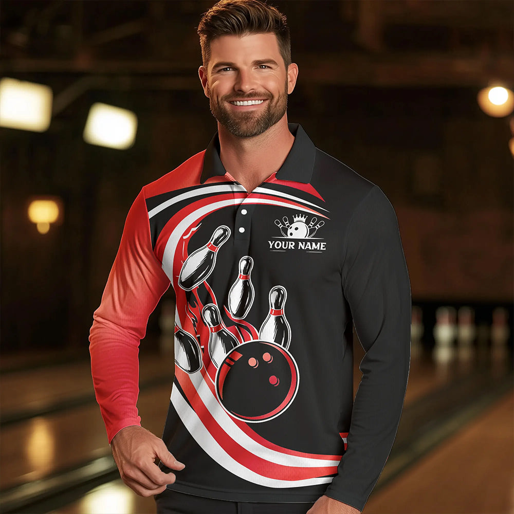Black and Red Bowling Polo, 1/4 Zip Shirt For Men Custom Bowling Team League Jersey, Gift For Bowler NQS9490