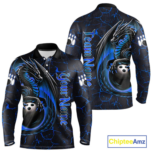 Black And Blue Custom Dragon Bowling Shirts For Men, Dragon Bowling Team Shirts NQS11620