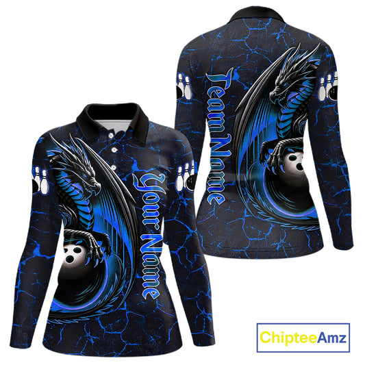 Black And Blue Custom Dragon Bowling Shirts For Women, Dragon Bowling Team Shirts NQS11620