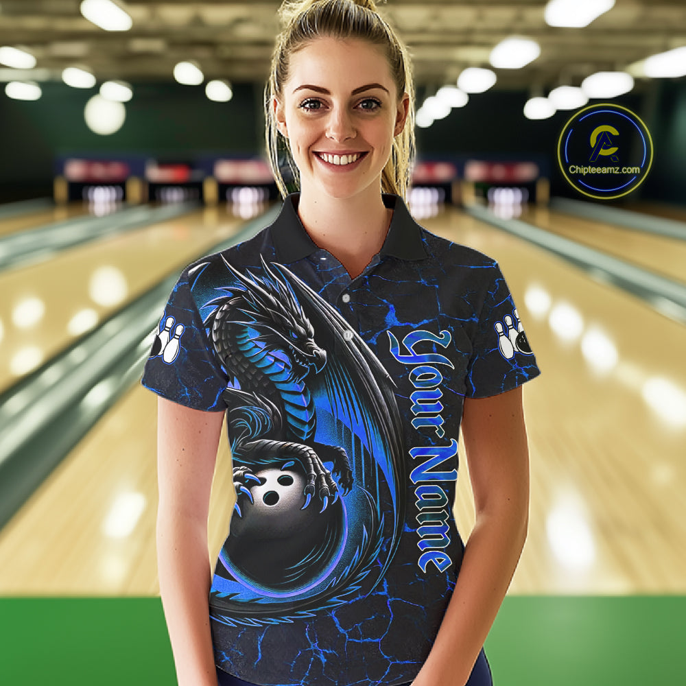 Black And Blue Custom Dragon Bowling Shirts For Women, Dragon Bowling Team Shirts NQS11620