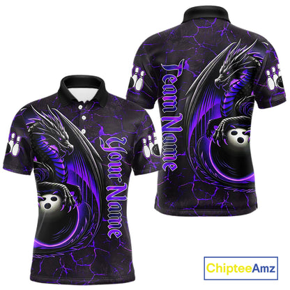 Black And Purple Custom Dragon Bowling Shirts For Men, Dragon Bowling Team Shirts NQS11621