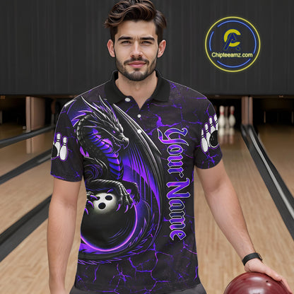Black And Purple Custom Dragon Bowling Shirts For Men, Dragon Bowling Team Shirts NQS11621