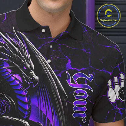 Black And Purple Custom Dragon Bowling Shirts For Men, Dragon Bowling Team Shirts NQS11621