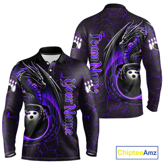 Black And Purple Custom Dragon Bowling Shirts For Men, Dragon Bowling Team Shirts NQS11621