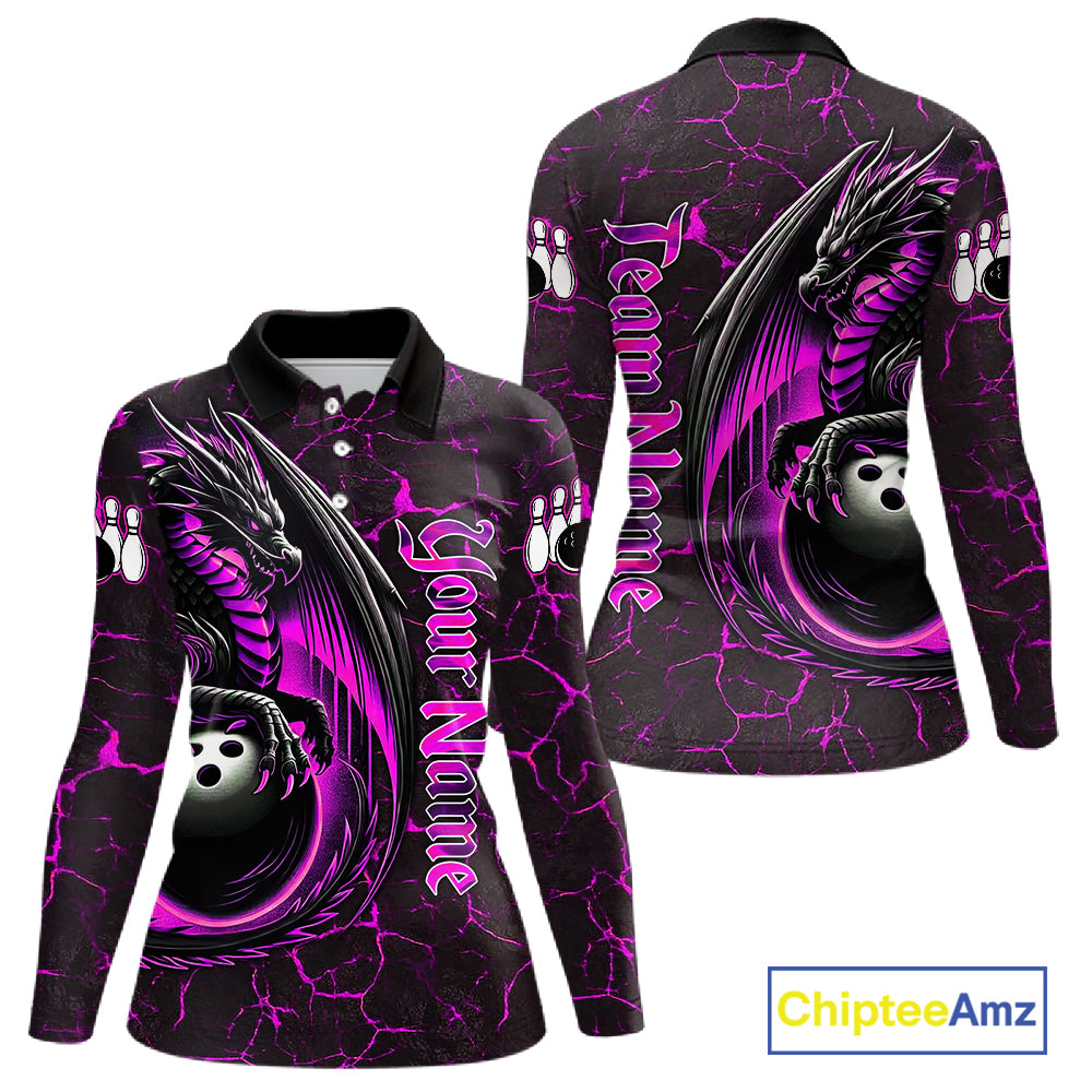 Black And Pink Custom Dragon Bowling Shirts For Women, Dragon Bowling Team Shirts NQS11622