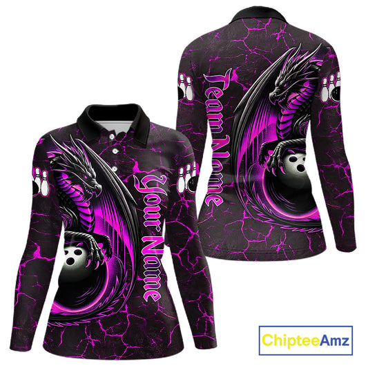 Black And Pink Custom Dragon Bowling Shirts For Women, Dragon Bowling Team Shirts NQS11622
