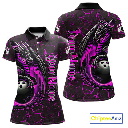 Black And Pink Custom Dragon Bowling Shirts For Women, Dragon Bowling Team Shirts NQS11622
