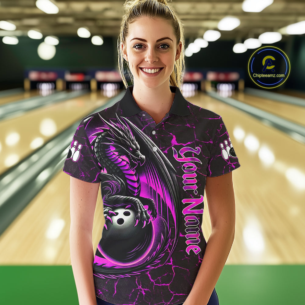 Black And Pink Custom Dragon Bowling Shirts For Women, Dragon Bowling Team Shirts NQS11622