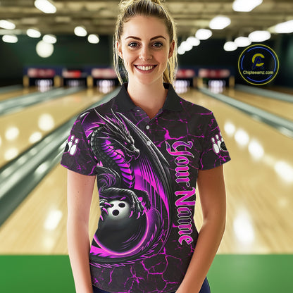 Black And Pink Custom Dragon Bowling Shirts For Women, Dragon Bowling Team Shirts NQS11622