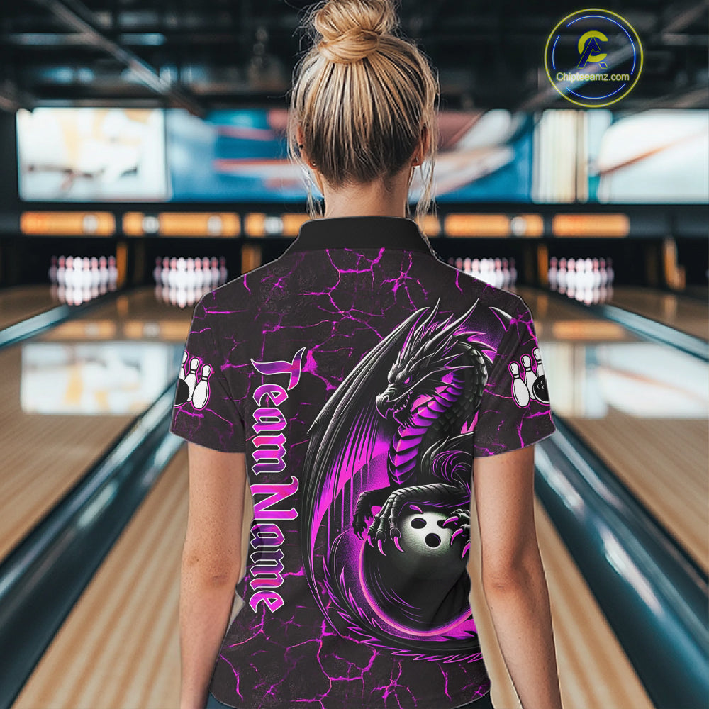 Black And Pink Custom Dragon Bowling Shirts For Women, Dragon Bowling Team Shirts NQS11622