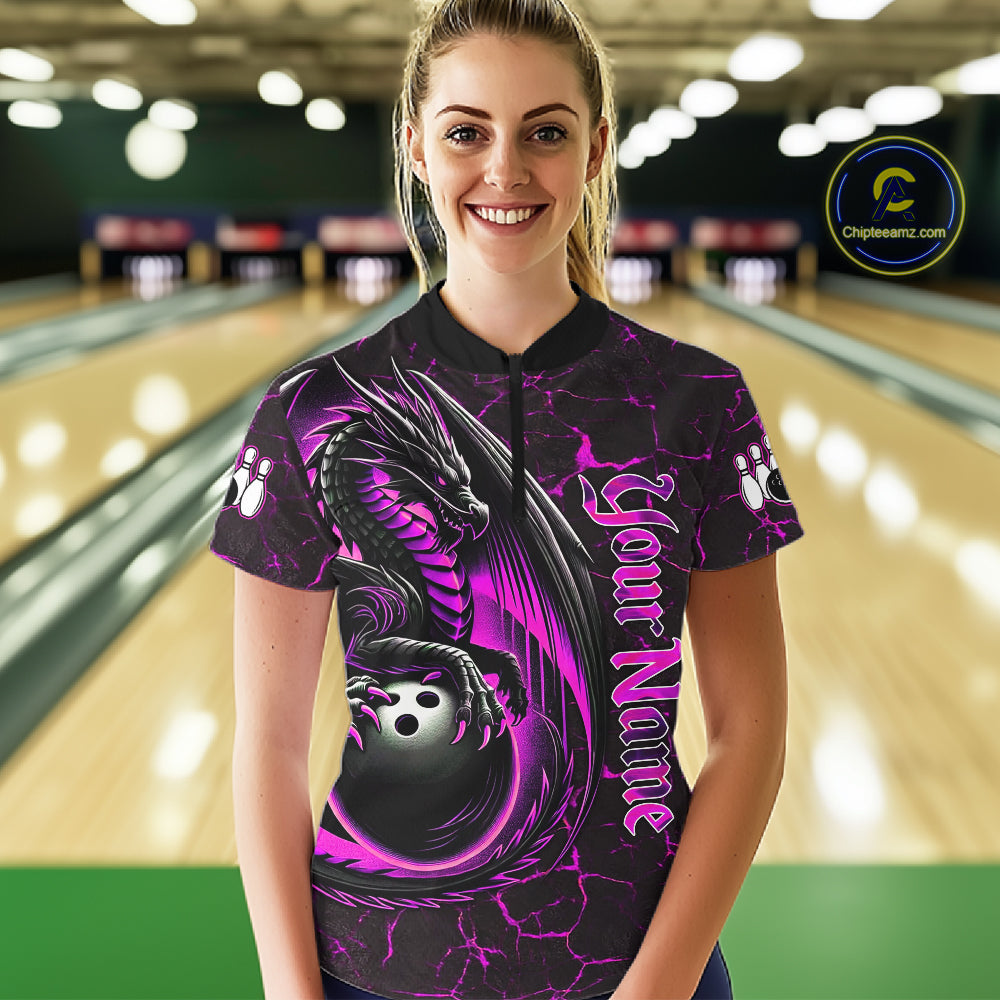 Black And Pink Custom Dragon Bowling Shirts For Women, Dragon Bowling Team Shirts NQS11622