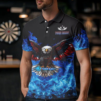 Blue Flame Smoke American Flag Eagle Skull Darts Polo, 1/4 Zip Shirts For Men Custom Darts Team Jersey NQS9658