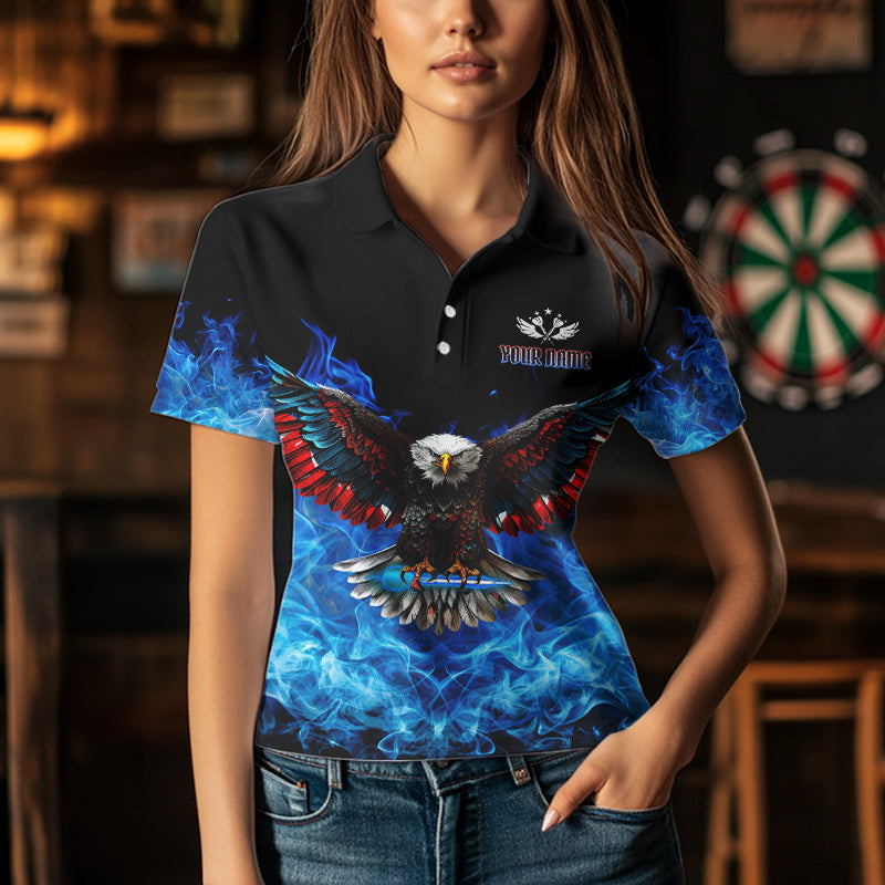 Blue Flame Smoke American Flag Eagle Skull Women Darts Polo, 1/4 Zip Shirts Custom Darts Team Jersey NQS9658