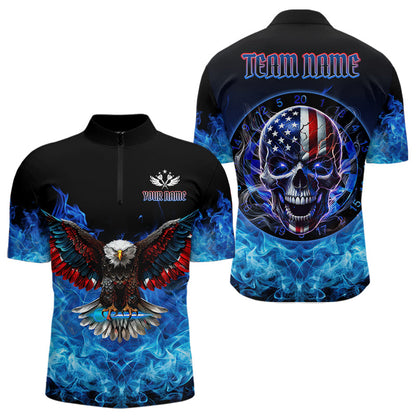 Blue Flame Smoke American Flag Eagle Skull Darts Polo, 1/4 Zip Shirts For Men Custom Darts Team Jersey NQS9658