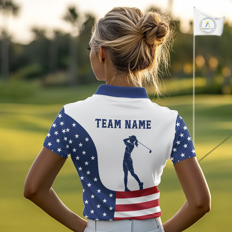 Red, White and Blue American Flag Golf polo shirt for Women custom patriotic ladies golf outfit NQS11728