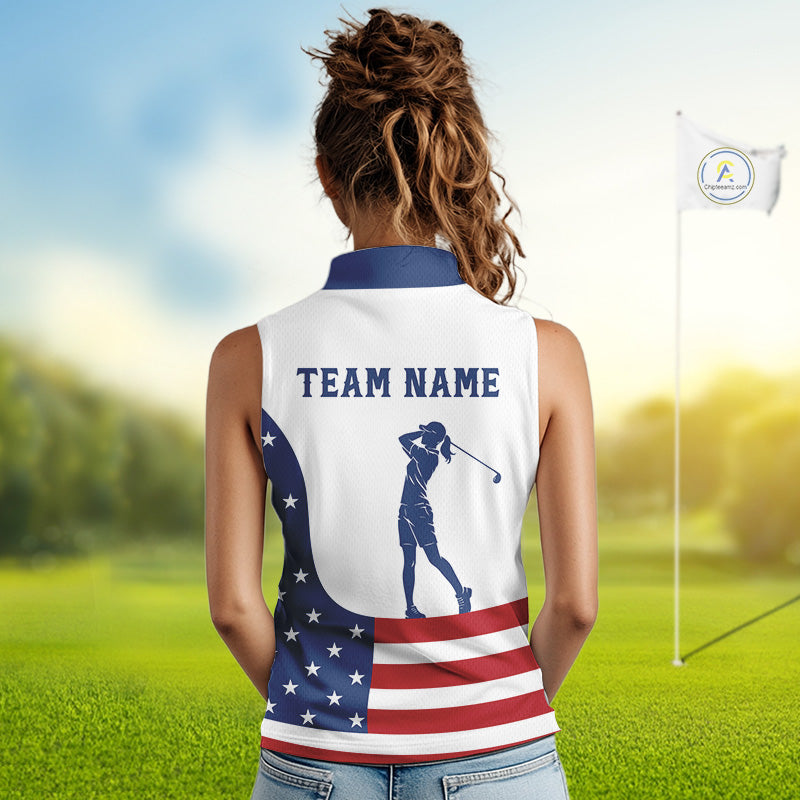 Red, White and Blue American Flag Sleeveless Golf polo shirt custom patriotic ladies golf outfit NQS11728