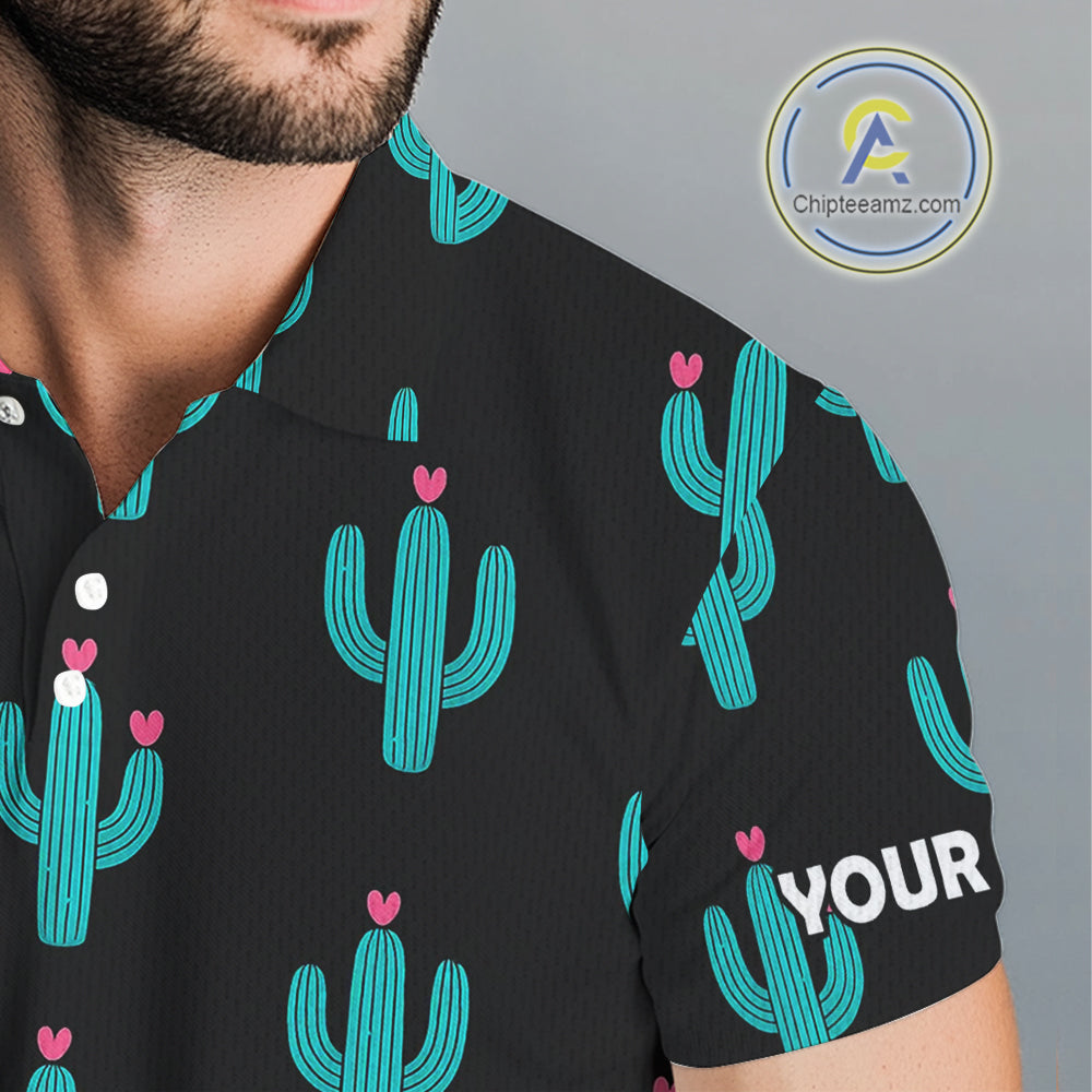 Personalized black and green cactus flower pattern mens golf polo shirts custom cactus golf shirts NQS9942
