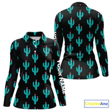 Load image into Gallery viewer, Personalized black &amp; green cactus flower pattern Women golf polo shirts custom cactus golf shirts NQS9942