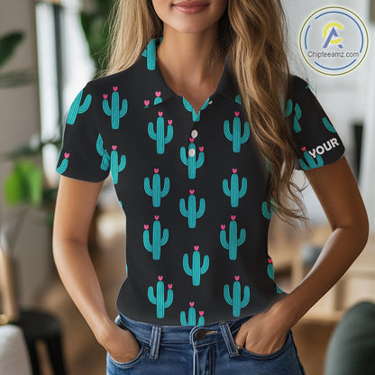 Personalized black & green cactus flower pattern Women golf polo shirts custom cactus golf shirts NQS9942