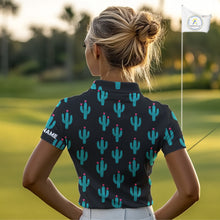 Load image into Gallery viewer, Personalized black &amp; green cactus flower pattern Women golf polo shirts custom cactus golf shirts NQS9942