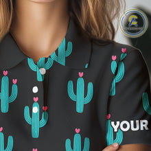 Load image into Gallery viewer, Personalized black &amp; green cactus flower pattern Women golf polo shirts custom cactus golf shirts NQS9942