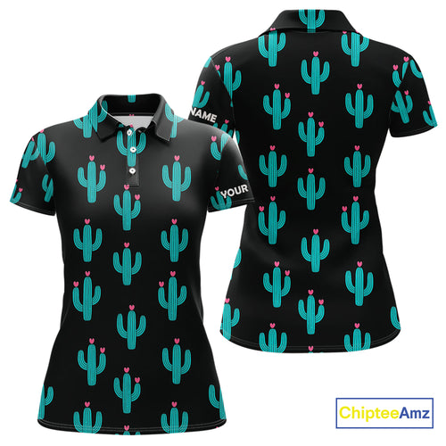 Personalized black & green cactus flower pattern Women golf polo shirts custom cactus golf shirts NQS9942