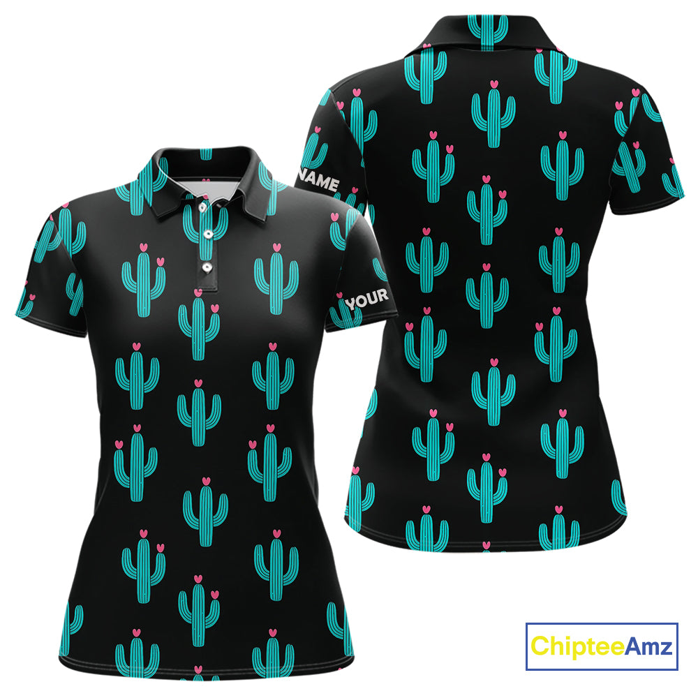 Personalized black & green cactus flower pattern Women golf polo shirts custom cactus golf shirts NQS9942