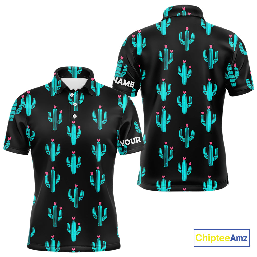 Personalized black and green cactus flower pattern mens golf polo shirts custom cactus golf shirts NQS9942
