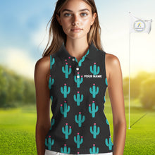 Load image into Gallery viewer, Personalized black &amp; green cactus flower pattern Women sleeveless polo shirt custom cactus golf shirts NQS9942