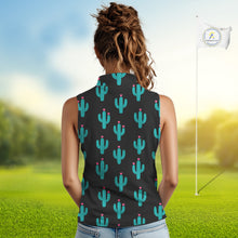 Load image into Gallery viewer, Personalized black &amp; green cactus flower pattern Women sleeveless polo shirt custom cactus golf shirts NQS9942