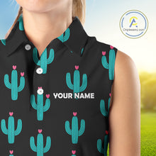 Load image into Gallery viewer, Personalized black &amp; green cactus flower pattern Women sleeveless polo shirt custom cactus golf shirts NQS9942