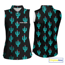 Load image into Gallery viewer, Personalized black &amp; green cactus flower pattern Women sleeveless polo shirt custom cactus golf shirts NQS9942