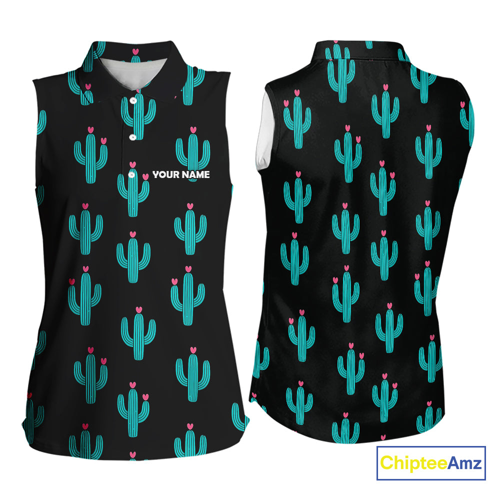 Personalized black & green cactus flower pattern Women sleeveless polo shirt custom cactus golf shirts NQS9942
