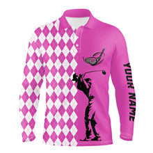 Load image into Gallery viewer, Personalized white argyle plaid pattern Mens golf polo shirts, custom Pink golf tops for mens NQS7790