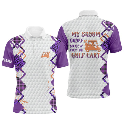 Funny Halloween Leopard Mens Golf Polo Shirts Custom My broom broke so now I drive the golf cart NQS8214