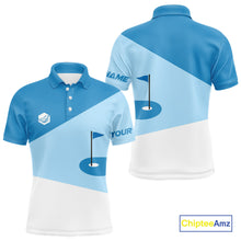 Load image into Gallery viewer, Mens golf polo shirts custom blue and white golf apparel for men, golfing gifts NQS10409
