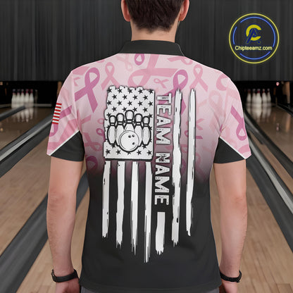 Mens bowling shirt Custom American flag patriotic Pink ribbon breast cancer bowling team jersey NQS10412