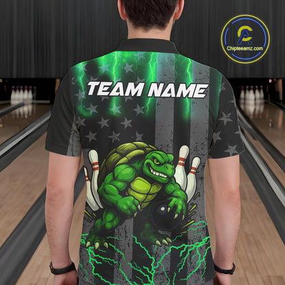 Black American flag Men's bowling shirts Custom Green lightning thunder Turtle Bowling Team Jerseys NQS10623