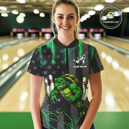 Black American flag Women's bowling shirts Custom Green lightning thunder Turtle Bowling Team Jerseys NQS10623