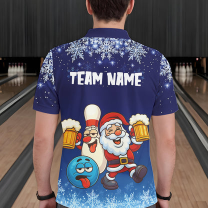 Funny Santa Drink Beer Blue snowflake Bowling Shirts For Men Custom Christmas Bowling Team Jerseys NQS11056