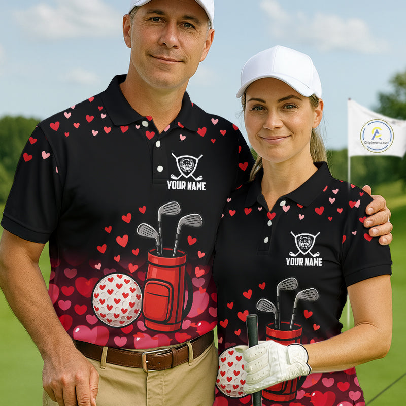 Black & Red Heart Pattern Valentine matching golf polo shirts for couples Custom couples golf outfits NQS11229