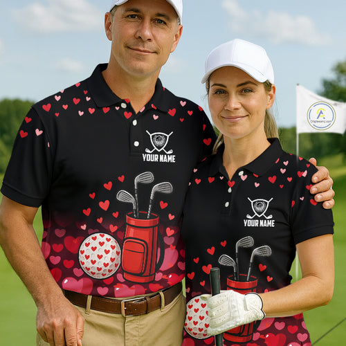Black & Red Heart Pattern Valentine matching golf polo shirts for couples Custom couples golf outfits NQS11229