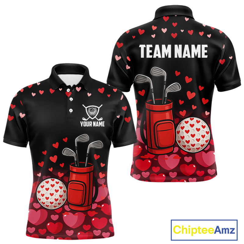 Black & Red Heart Pattern Valentine matching golf polo shirts for couples Custom couples golf outfits NQS11229