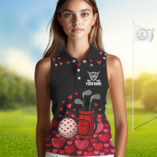 Load image into Gallery viewer, Black and Red Heart Pattern Valentine Sleeveless Golf Polo Shirt Custom Valentine Golf Gifts For her NQS11229