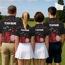 Load image into Gallery viewer, Black &amp; Red Heart Pattern Valentine matching golf polo shirts for couples Custom couples golf outfits NQS11229