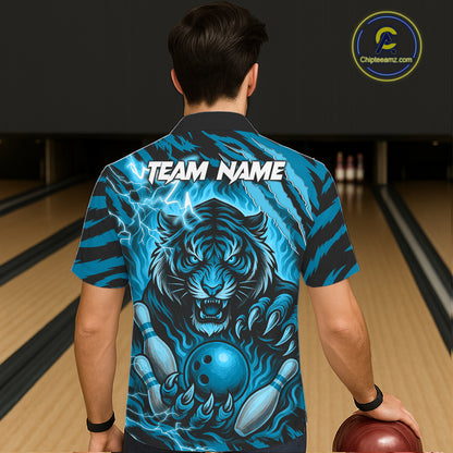 Personalized Tiger Bowling Hawaiian Shirt, Blue Flame Lightning Thunder Tiger Team Bowling Jerseys NQS11232
